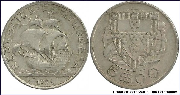 Portugal 5 Escudos 1934 (6.70 g / .650 Ag)