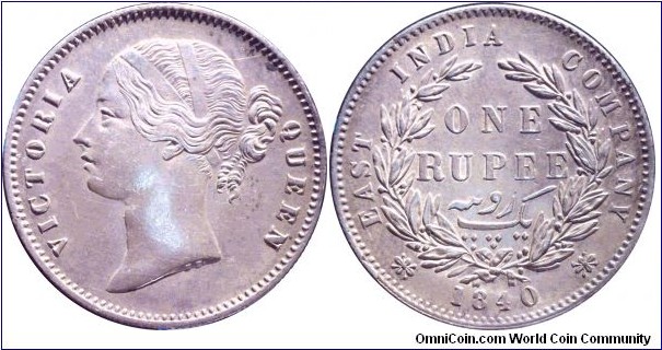 1840 (b) Silver Rupee Queen Victoria. Looks to have been lightly cleaned in its life at some point