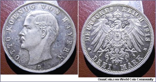 KM#996 1913 D German States Bavaria .900 Silver 3 marks 33 mm 16.6 grams 