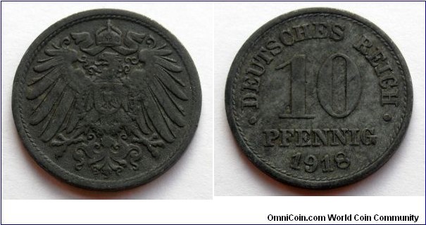 German Empire 10 pfennig.
1918, Without mintmarks. Zinc.
