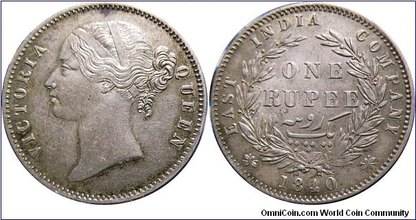 KM#458.3
.917 Silver-11.6 gr-20.8 mm AU 1840 Victoria One Rupee. Broken O in Company . Reads Cumpany