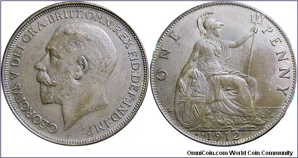 KM#810 1912 H Heaton Mint Bronze Penny George V. 9.0 grams 31 mm GEF/AU MS61/62