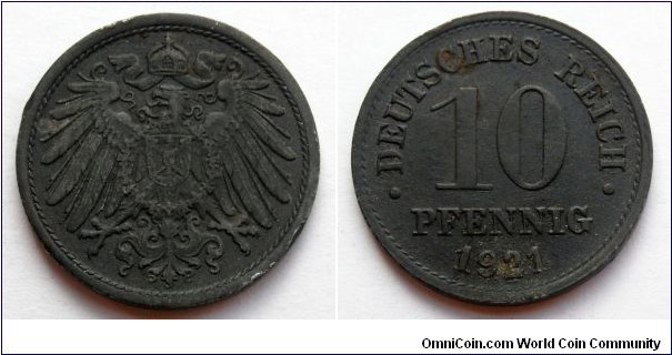 German Empire 10 pfennig. 1921, Without   mintmarks. Zinc.