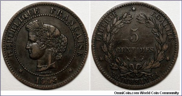 France, 1883-A 5 Centimes, KM#821.
