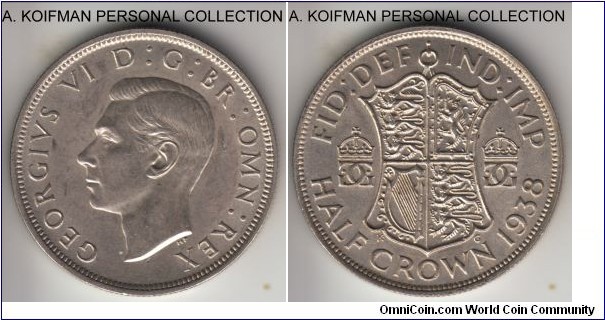 KM-855, 1938 Great Britain half crown ; silver, reeded edge; scarcest key year of the type, about uncirculated.