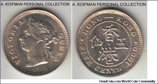 KM-5, 1900 Hong Kong 5 cents, Heaton mint (H mint mark); silver, reeded edge; late Victoria, common years, lower end mint state, lustrous.
