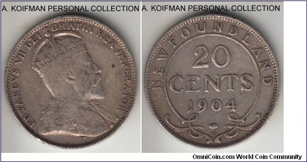 KM-10, 1904 Newfoundland 20 cents, Heaton mint (H mint mark); silver, reeded edge; fine, mintage of just 75,000.