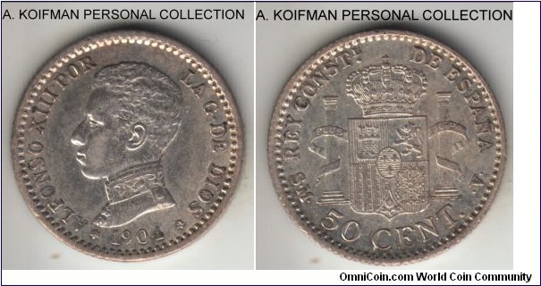 KM-723, 1904 (04) Spain (Kingdom) 50 centimos; silver, reeded edge; extra fine or slightly better, good luster on reverse.