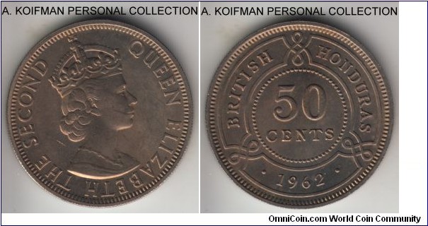 KM-28, 1962 British Honduras 50 cents; copper-nickel, reeded edge; bright uncirculated, small mintage of 50,000, typical of the type.