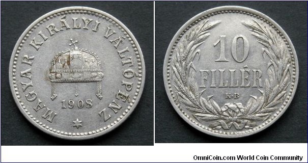 Hungary 10 filler.
1908