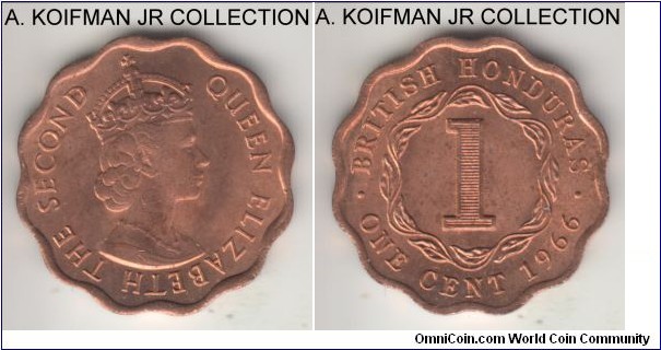 KM-30, 1966 British Honduras cent; bronze, scalloped flan, plain edge; late Elizabeth II, smaller mintage of 100,000, red average uncirculated.