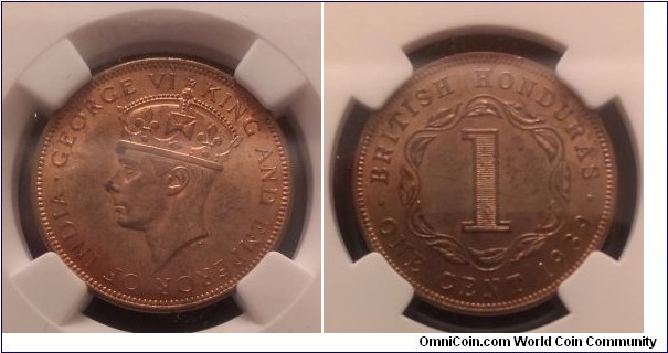 KM-21, 1939 British Honduras cent; bronze, plain edge; NGC graded MS63 RB, mintage 50,000.