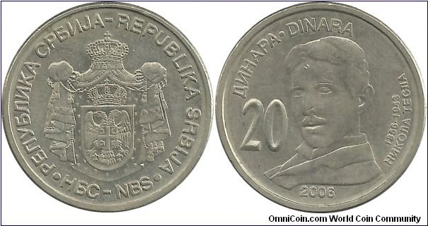 Serbia-Republic 20 Dinara 2006-Nikola Tesla