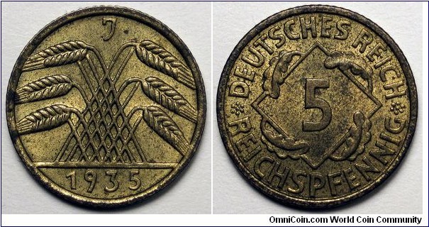 Germany, 1935-J 5 Reichspfennig, KM#39.