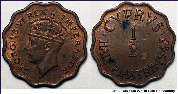 Cyprus, 1943 1/2 Piastre, KM#22a.