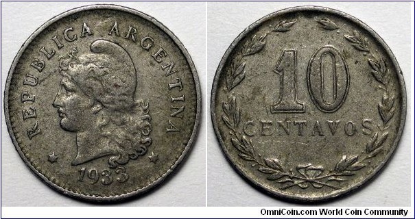 Argentina, 1933 10 Centavos, KM#35.