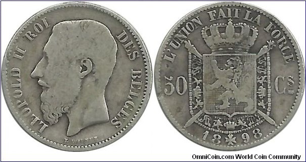 Belgium 50 Centimes 1898(Fr) (2.50 g / .835 Ag)