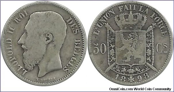 Belgium 50 Centimes 1898(Fr) (2.50 g / .835 Ag)