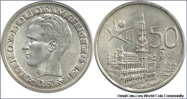 Belgium 50 Francs 1958(Dt) - Brussels World Fair (12.50 g / .835 Ag)