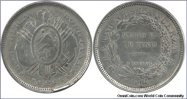 Bolivia 50 Centavos 1896 (11.50 g / .900 Ag) (I clean the coin)
