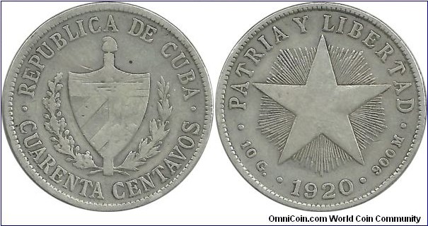 Cuba 40 Centavos 1920 (10.00 g / .900 Ag) (I clean the coin)
