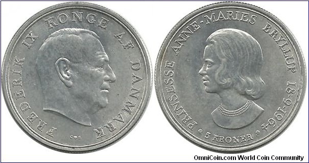 Denmark 5 Kroner 1964 - Wedding of Princess Anne Marie (17.00 g / .800 Ag)