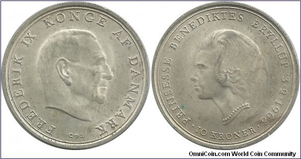 Denmark 10 Kroner 1968-Wedding of Princess Benedikte (20.40 g / .800 Ag)