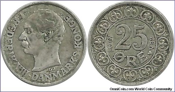 Denmark 25 Øre 1907-Frederik VIII (2.42 g / .600 Ag)