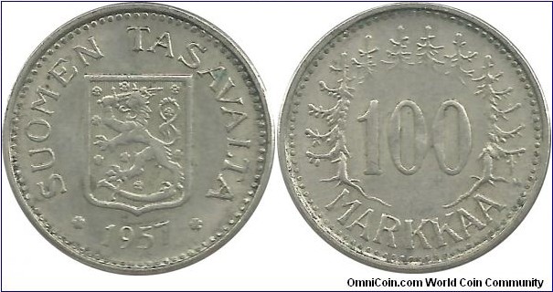 Finland 100 Markkaa 1957 (5.20 g / .500 Ag)