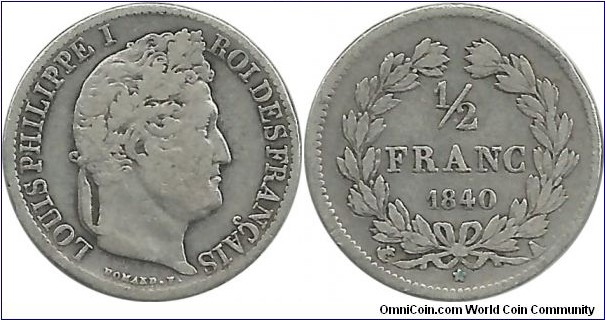 France-Kingdom ½ Franc 1840A (2.50 g / .900 Ag)