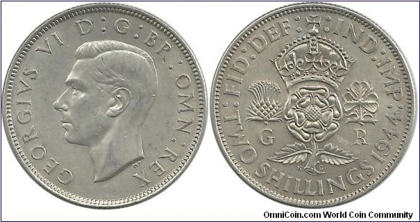 GreatBritain 2 Shillings 1944 (11.31 g / .500 Ag)