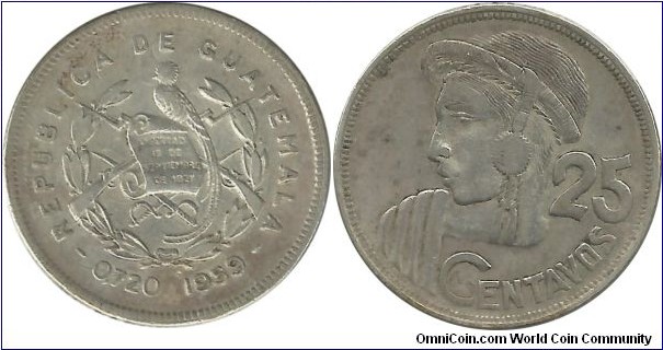 Guatemala 25 Centavos 1959 (8.33 g / .720 Ag)