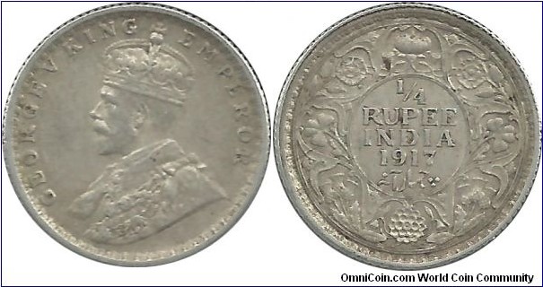 India-British ¼ Rupee 1917(C) (2.92 g / .917 Ag)