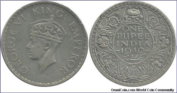 India-British 1 Rupee 1940(B) (11.66 g / .500 Ag)