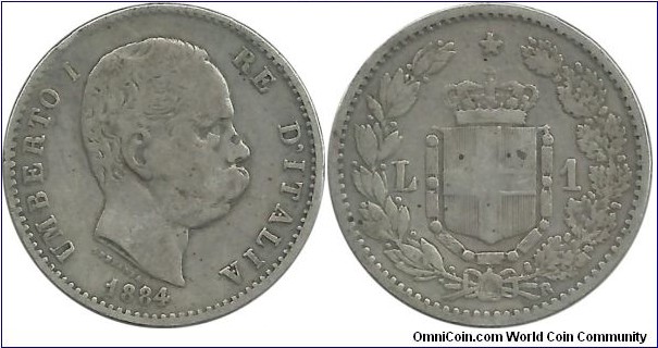 Italy-Kingdom 1 Lira 1884R (5.00 g / .835 Ag)