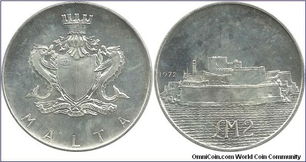 Malta 2 Malta Pounds 1972-Fort San Angelo (20.00 g / .987 Ag)
