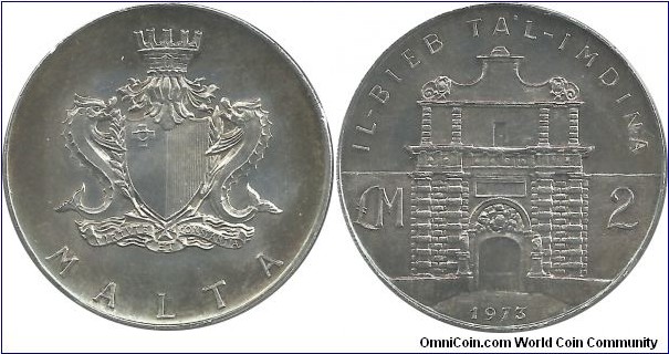 Malta 2 Malta Pounds 1973-Ta'l Imdina Gate (20.00 g / .987 Ag)