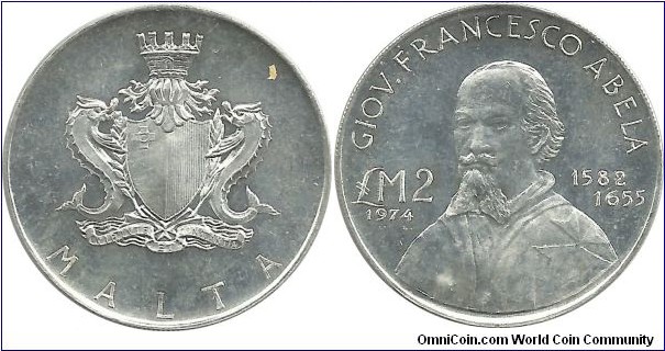 Malta 2 Malta Pounds 1974-Giovanni Francesco Abela (10.00 g / .987 Ag)