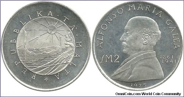 Malta 2 Malta Pounds 1975-Alfonso Maria Galea (10.00 g / .987 Ag)