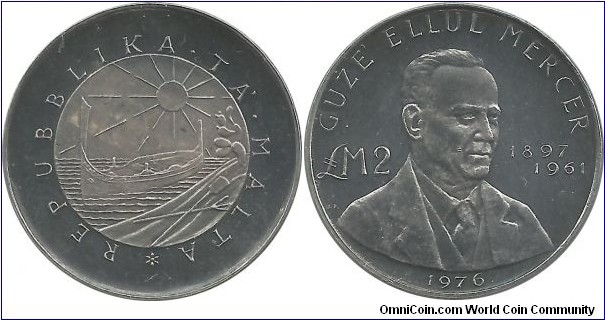 Malta 2 Malta Pounds 1976-Guze Ellul Mercer (10.00 g / .987 Ag)