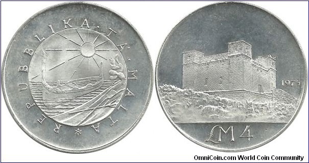 Malta 4 Malta Pounds 1975-St Agatha's Tower at Gammieh (20.00 g / .987 Ag)