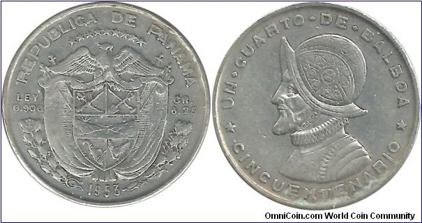 Panama ¼ Balboa 1953 - 50th Anniversary of the Republic (6.25 g / .900 Ag) (I clean the coin)