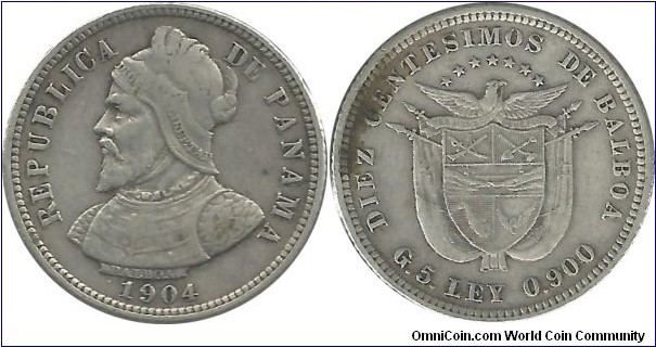 Panama 10 Centesimos 1904 (5.00 g / .900 Ag)