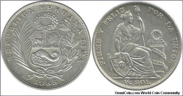 Peru ½ Sol 1935LIMA-AP (12.50 g / .500 Ag)