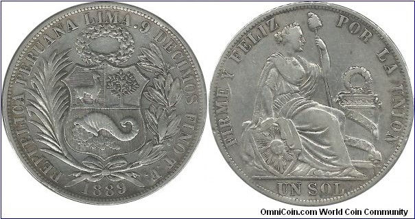 Peru 1 Sol 1889TF (25.00 g / .900 Ag) (I clean the coin)