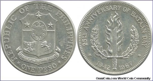 Philippines 1 Peso ND(1967) - 25th Anniversary of Bataan Day (26.00 g / .900 Ag)