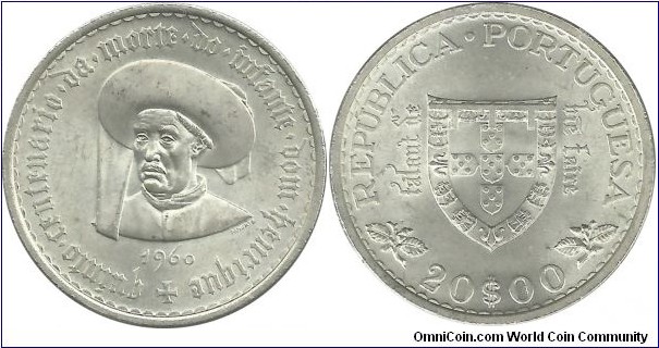 Portugal 20 Escudos 1960-500th Anniversary - Death of Prince Henry the Navigator (21.00 g / .800 Ag)