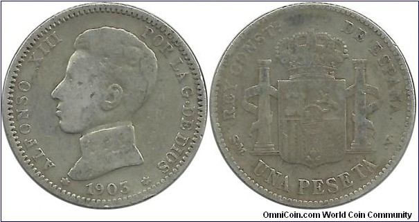 Spain 1 Peseta 1903 (5.00 g / .835 Ag)