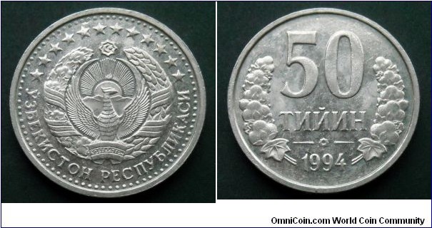 Uzbekistan 50 tiyin.
1994, With dots around obverse.