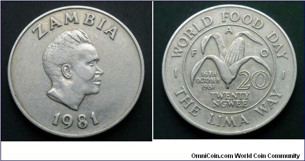 Zambia 20 ngwee.
1981, F.A.O. World Food Day 1981.